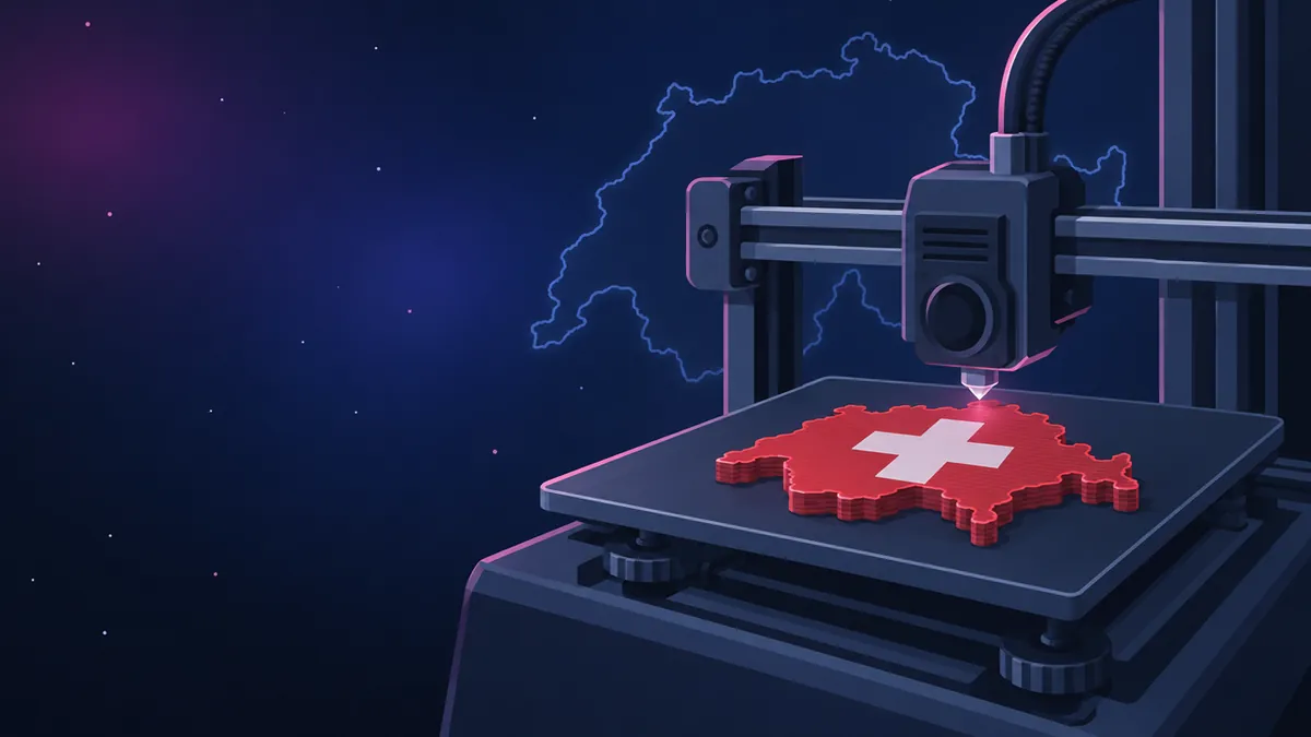 Ein 3D-Drucker druckt die Schweiz in Rot mit weissem Kreuz, dahinter leuchtet der Umriss des Landes.
